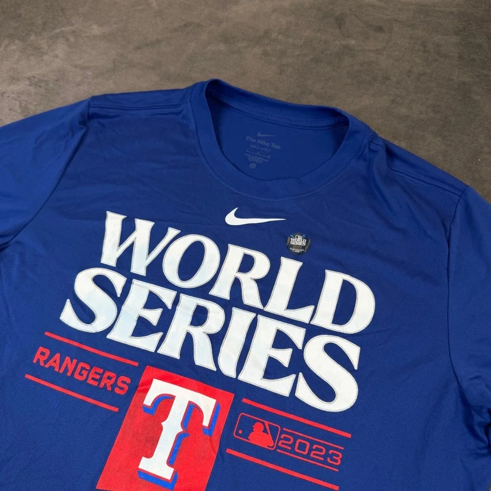 Nike Texas Rangers World Series T Shirt Mens Large Blue Dri Fit Graphic Tee